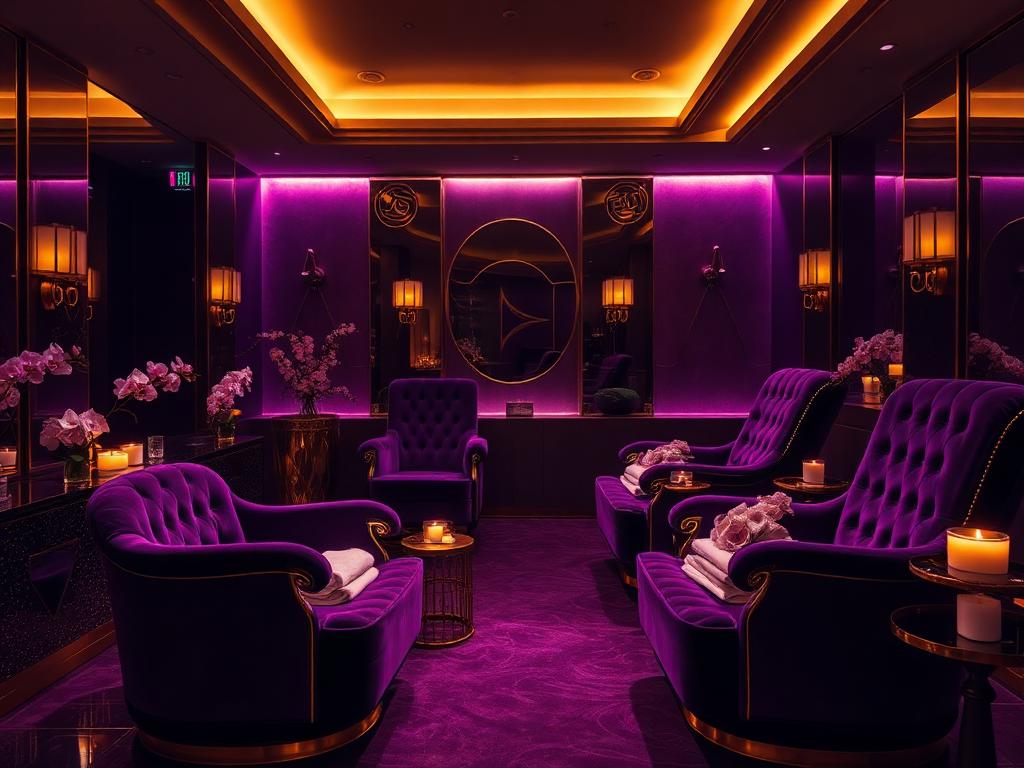 Dalaman spa mewah dengan kerusi ungu dan pencahayaan emas