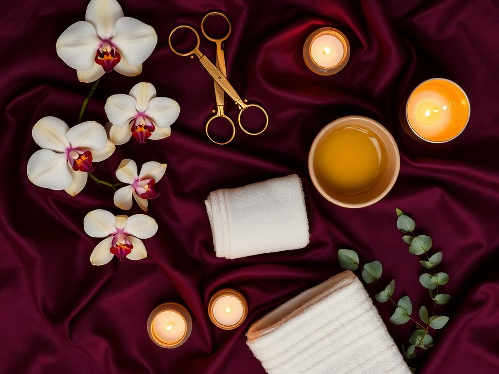 Persiapan rawatan head spa dengan bunga orkid, lilin dan minyak herba